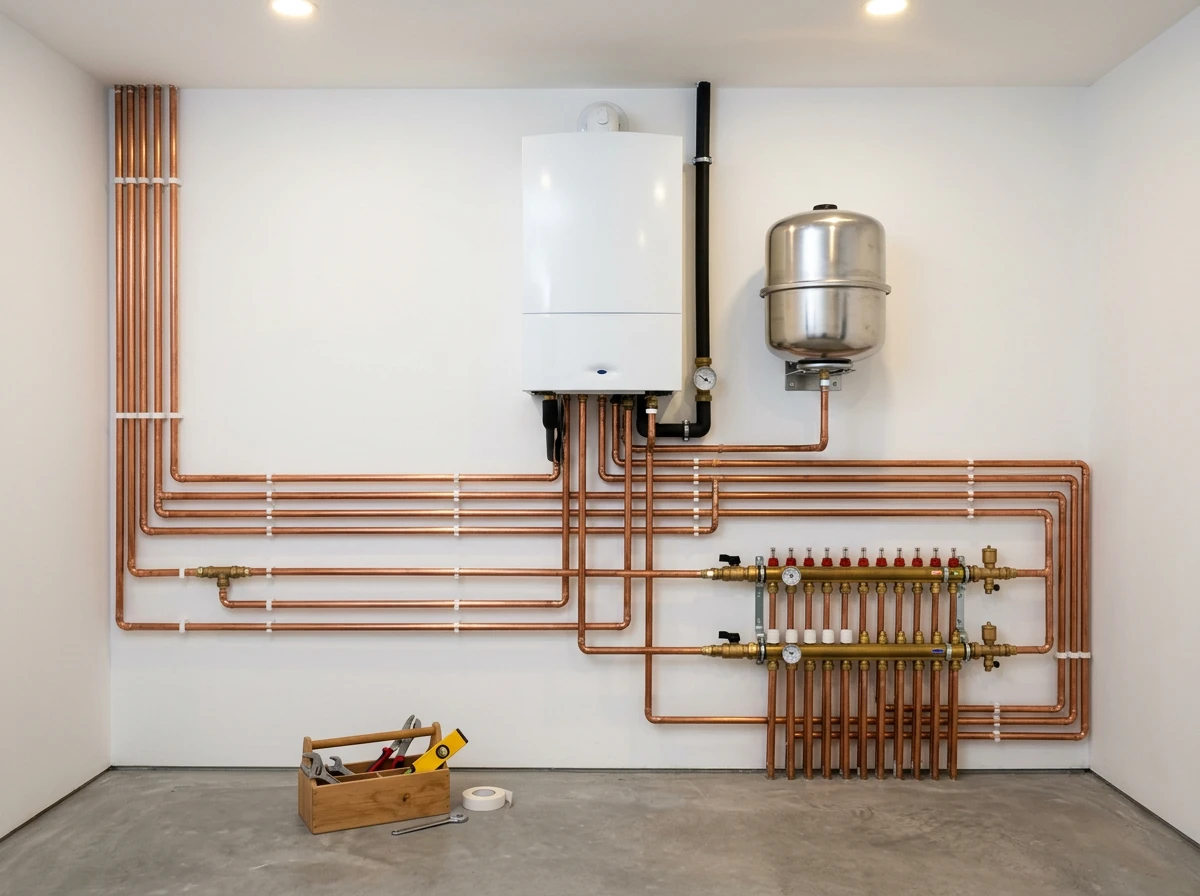 Local technique avec chaudière et distribution hydraulique installés proprement