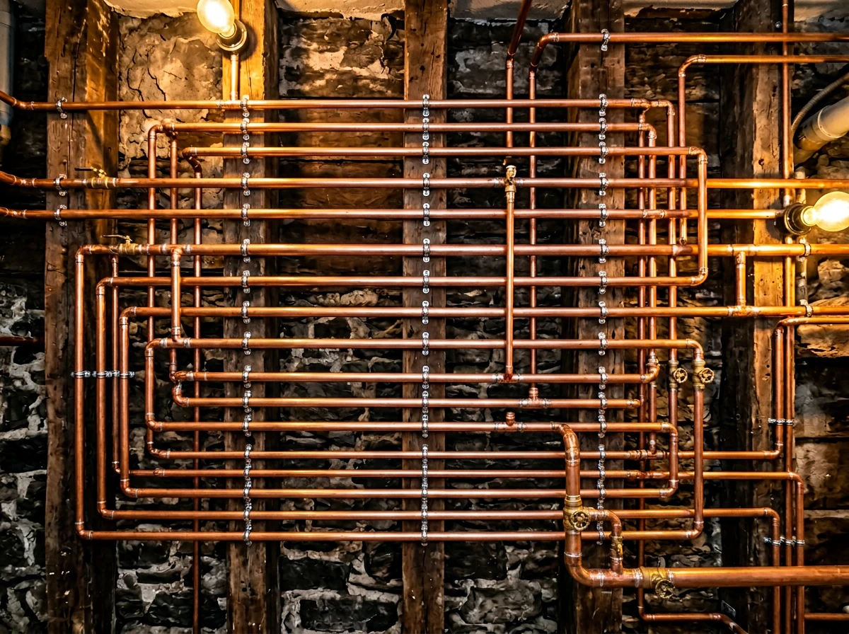 Réseau de tuyauterie cuivre proprement installé au plafond d'une cave