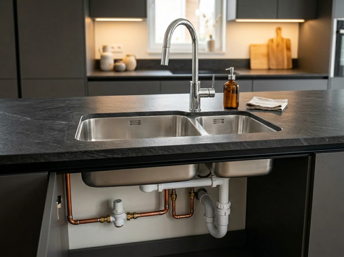 Cuisine moderne avec évier encastré et robinetterie posés par un plombier