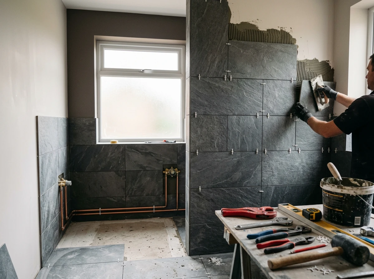 Installation d'une douche à l'italienne dans une salle de bain moderne en rénovation
