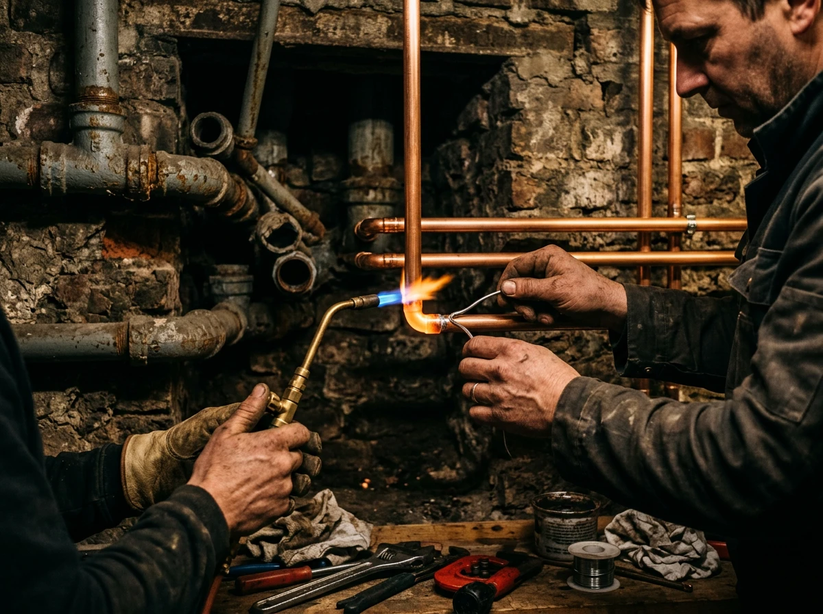 Remplacement de vieilles canalisations par des tuyaux en cuivre neufs